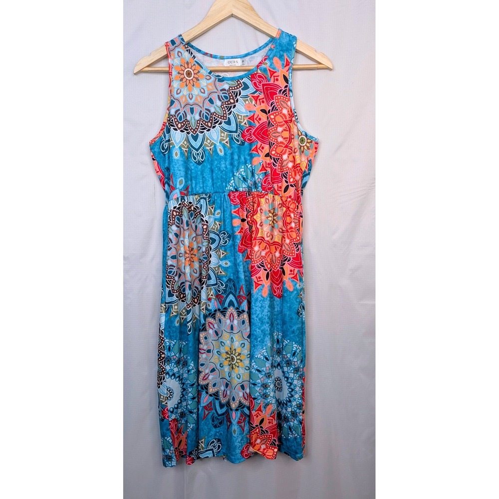 Ours Women's Medium Boho Mandala Sleeveless Dress Blue Pink Pockets Midi